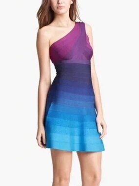 NWT Herve Leger Purple Blue Ombre One Shoulder Bandage Dress Size S